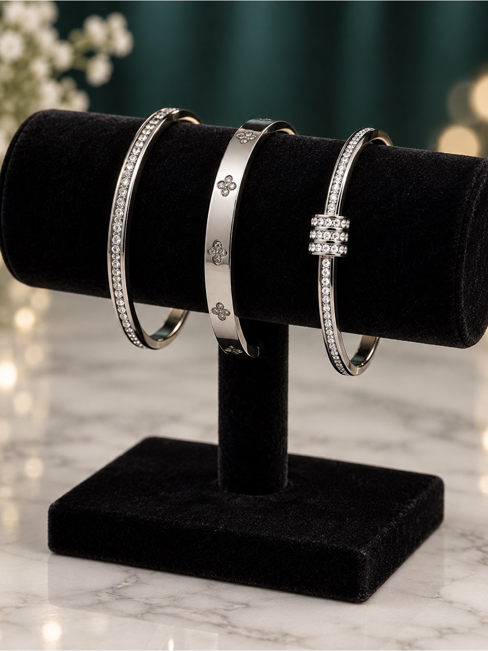 Stainless steel waterproof Silver Crystal Accent Bangle Bracelet Set